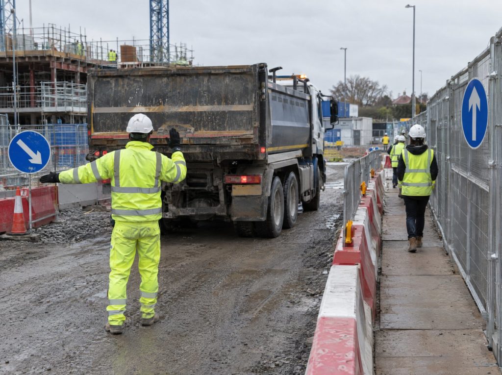 Banksman guiding a reversing tipper lorry beside a fenced pedestrian walkway on site