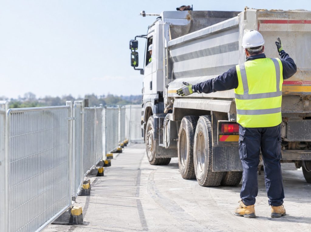 Banksman guiding a reversing tipper lorry beside a fenced pedestrian walkway on site