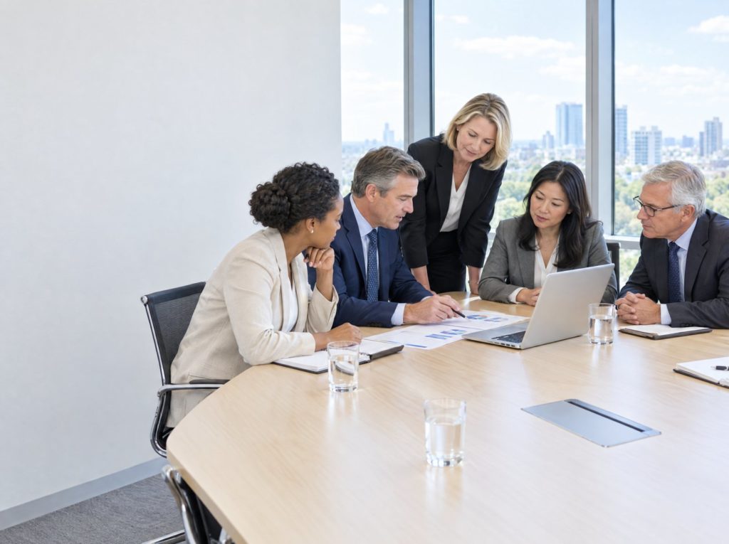 Board of directors reviewing a health and safety report around a boardroom table