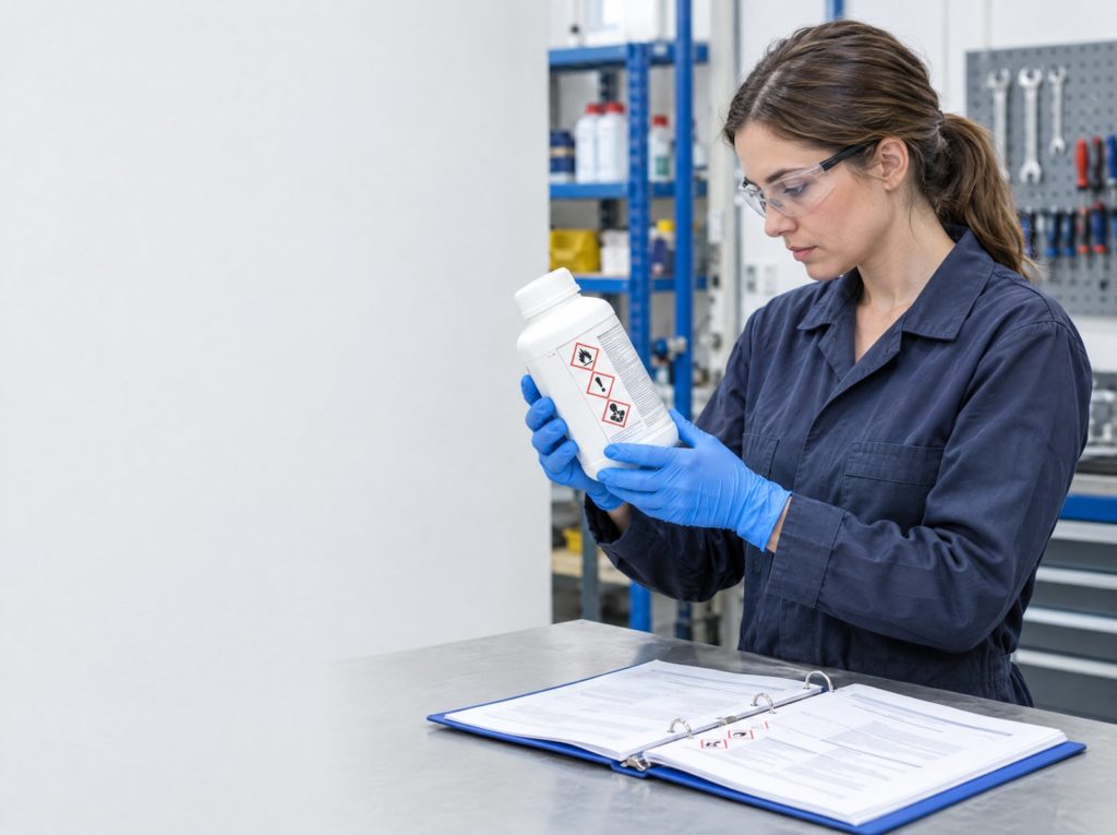 Worker in gloves and safety glasses reading a COSHH hazard label beside a safety data sheet