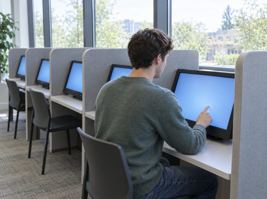 A candidate sitting at a touch screen test terminal in a bright modern training room, seen from behind and to the side
