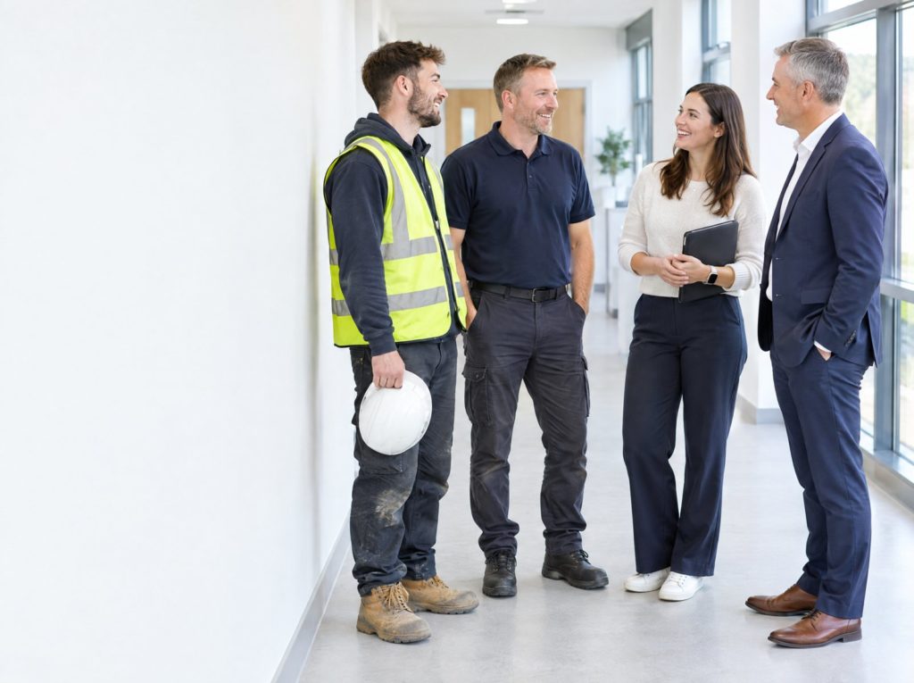 Four people in different work roles, from a site operative in hi-vis to a director in a suit, standing together in a bright training centre