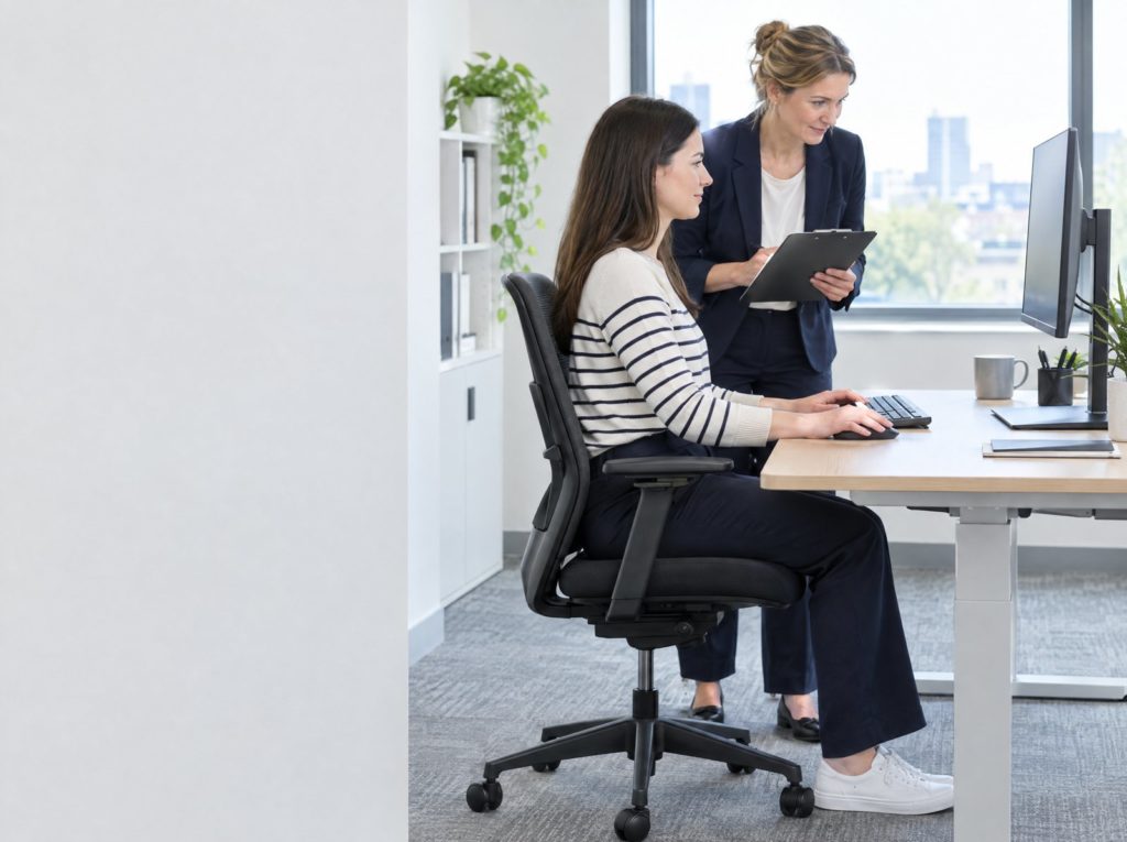 Office worker at a well set up desk while a colleague with a clipboard carries out a workstation assessment