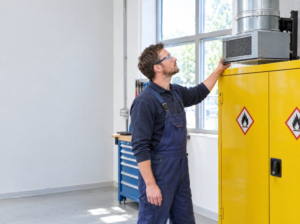 Worker beside a yellow flammable liquids storage cabinet in a workshop