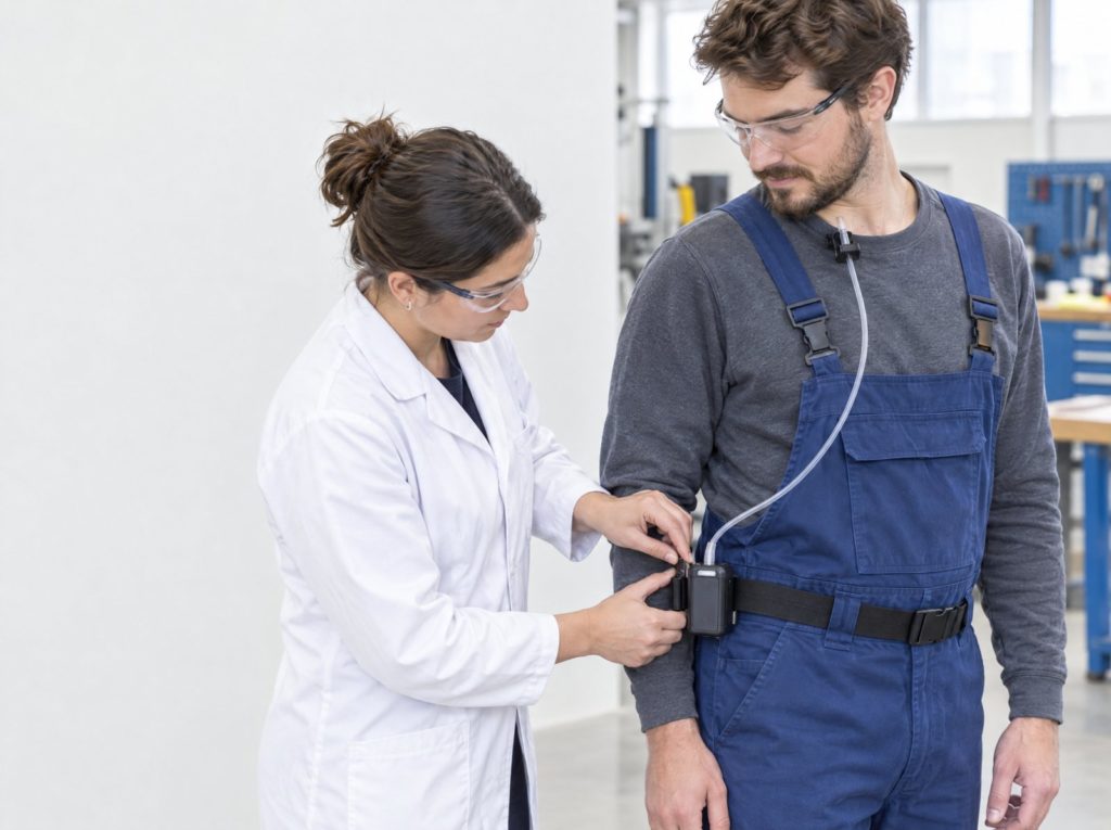 Occupational hygienist fitting a personal air sampling pump to a worker in a workshop