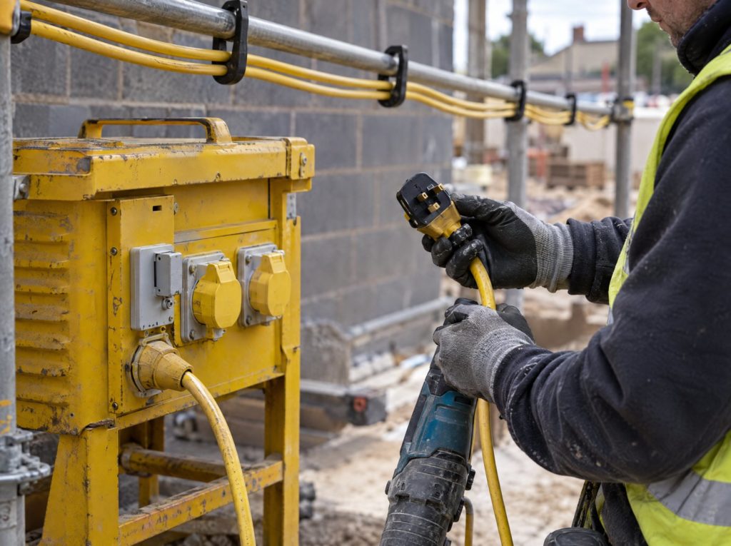 Electrician in gloves checking a power tool plug beside a yellow 110 volt site transformer