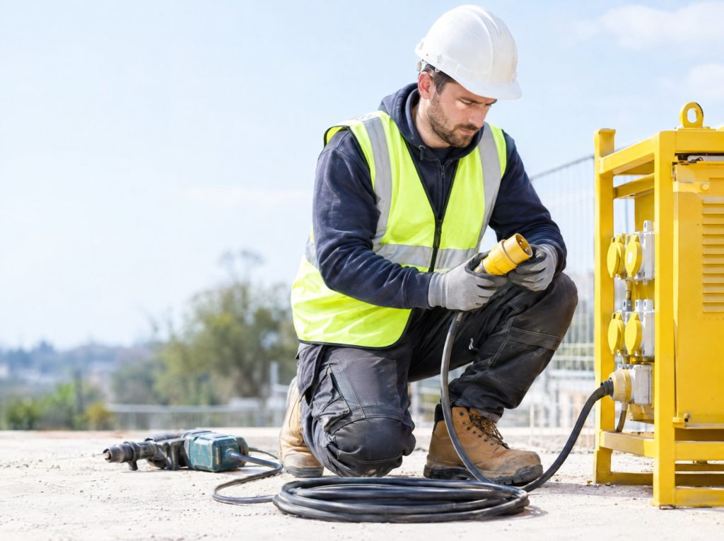 Electrician in gloves checking a power tool plug beside a yellow 110 volt site transformer
