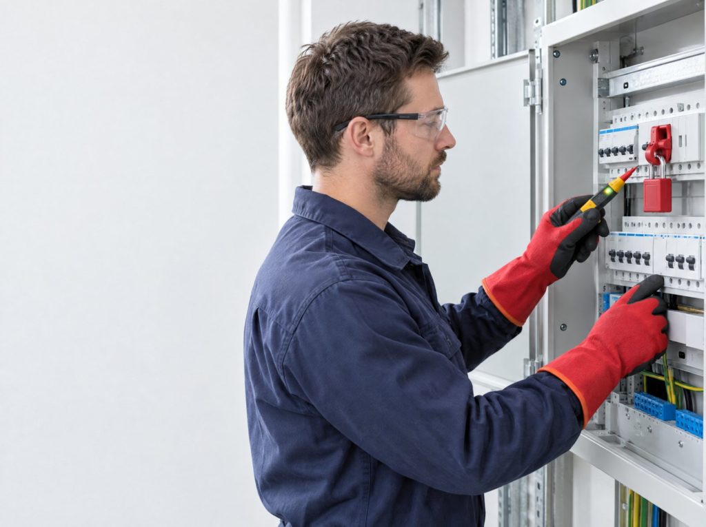 Electrician in safety glasses and insulated gloves testing an isolated distribution board fitted with a lock-off padlock