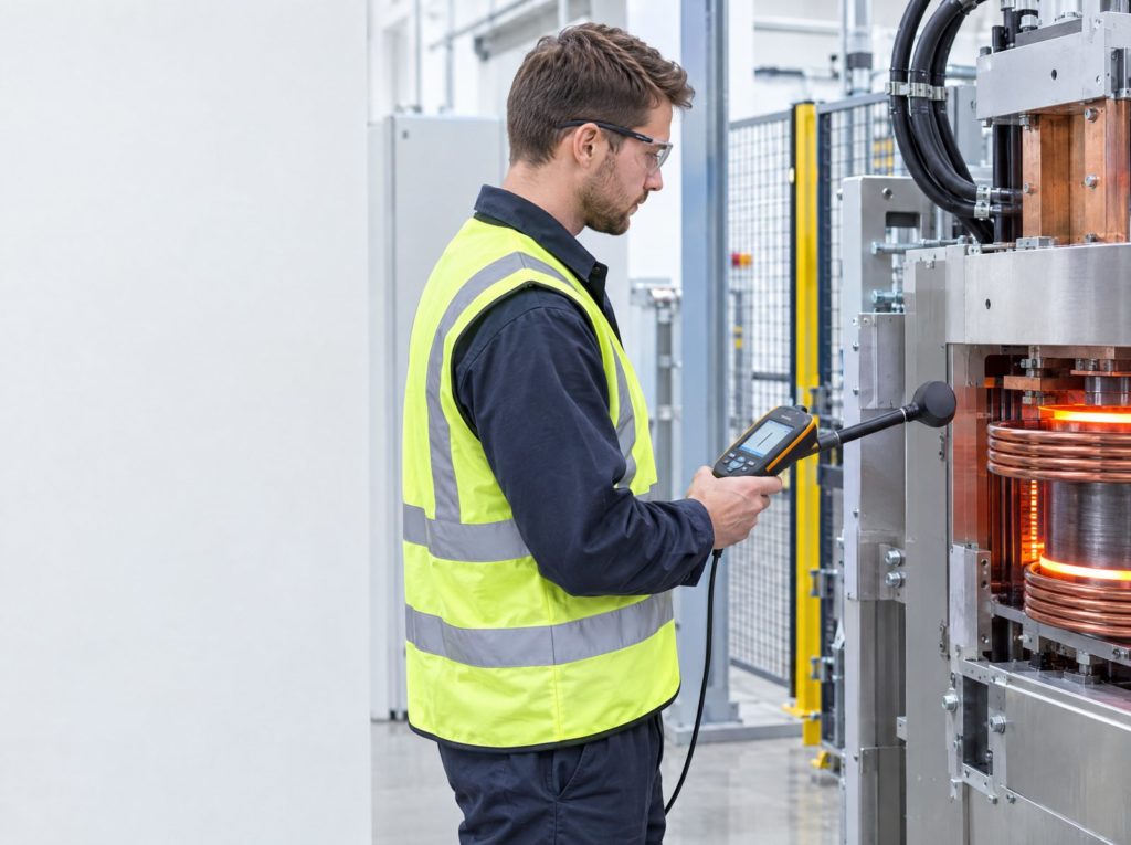 Technician in safety glasses and a hi-vis vest using a field meter beside an industrial induction heating machine