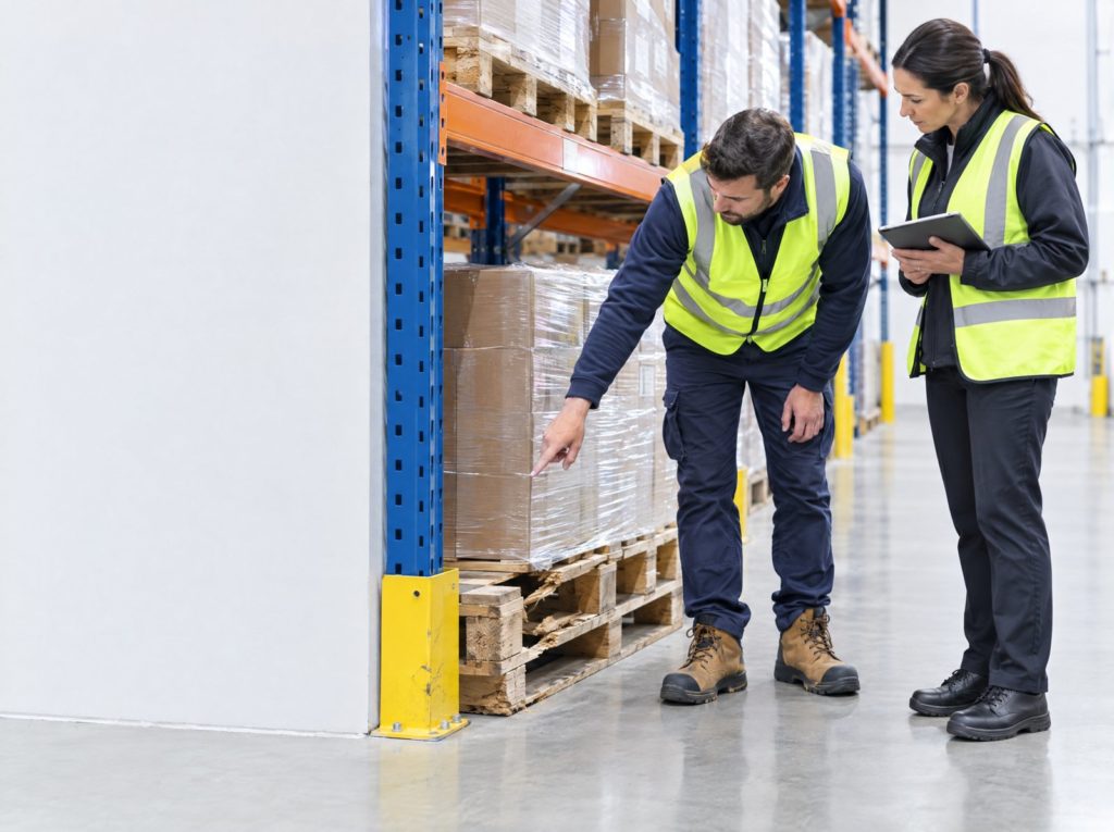 Warehouse worker in hi-vis and safety boots pointing out a problem with a pallet at the base of racking to a supervisor