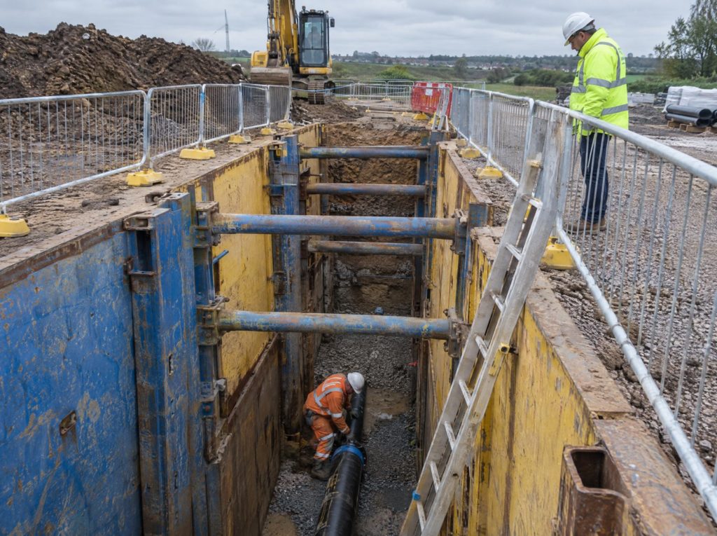 Trench supported by a steel trench box with edge protection and a ladder for access