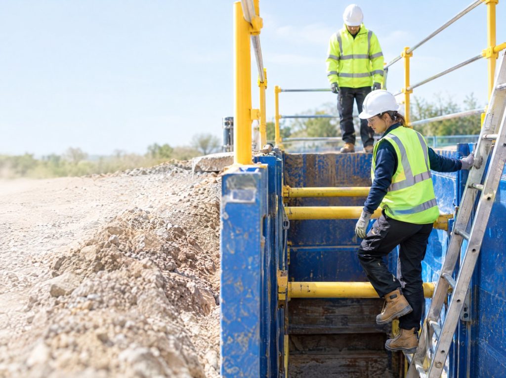 Trench supported by a steel trench box with edge protection and a ladder for access