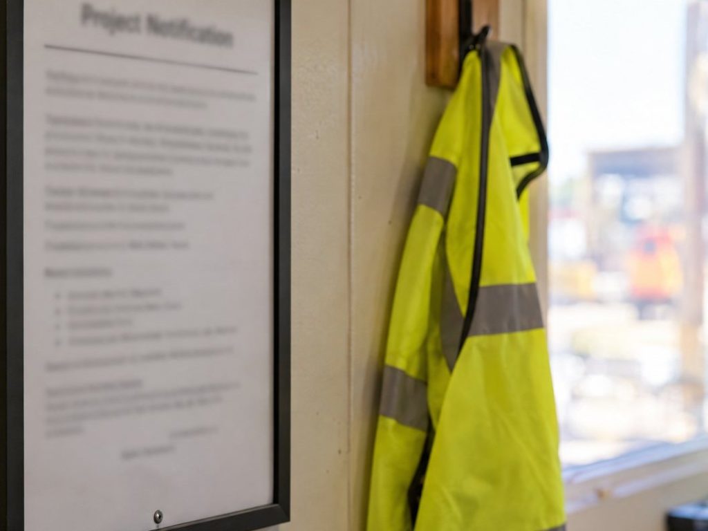 Project notification notice framed on a site office wall beside a hi-vis vest on a hook