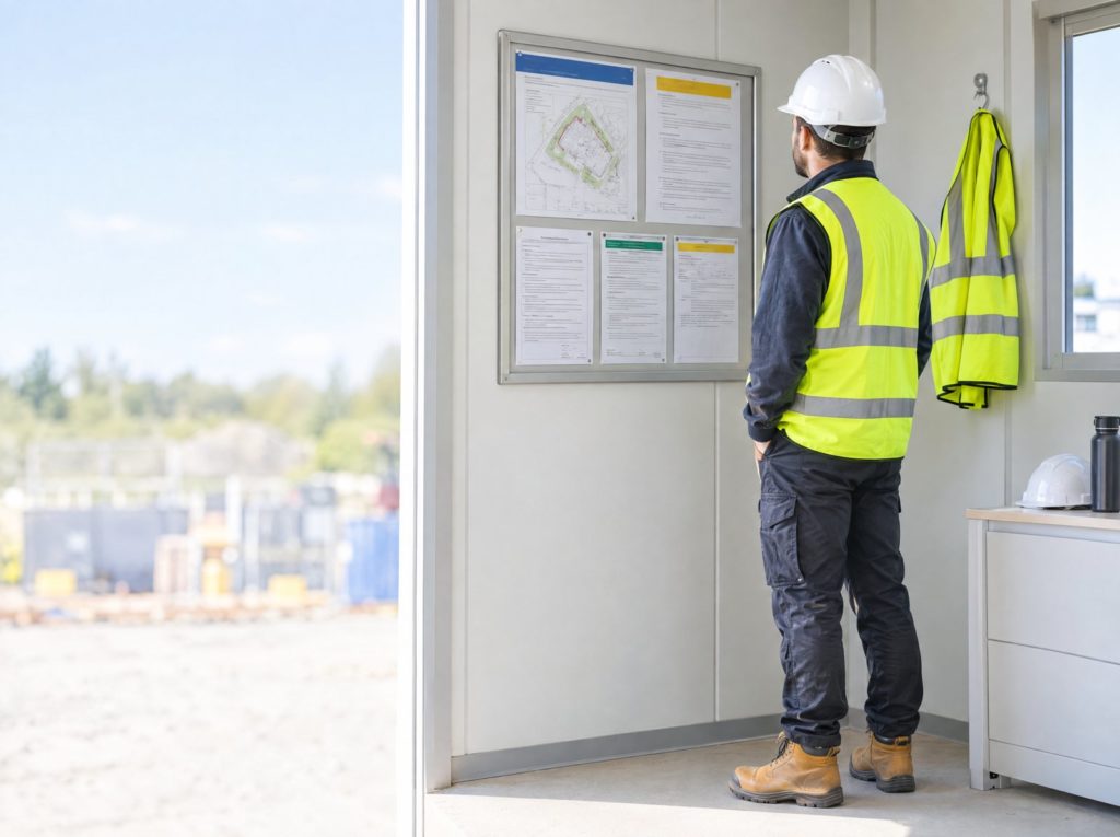 Project notification notice framed on a site office wall beside a hi-vis vest on a hook