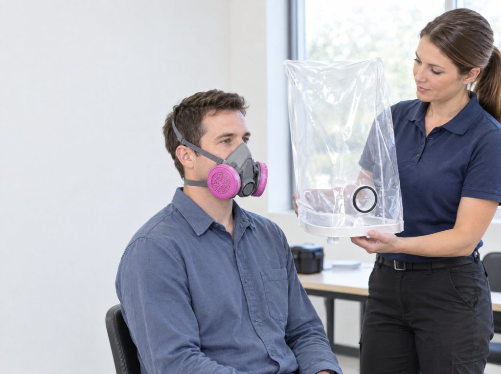 Worker wearing a half mask respirator during a face fit test with a tester holding a hood