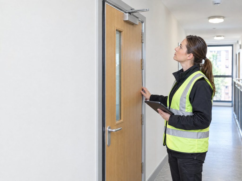Building safety manager with a tablet checking a fire door in the communal corridor of a block of flats