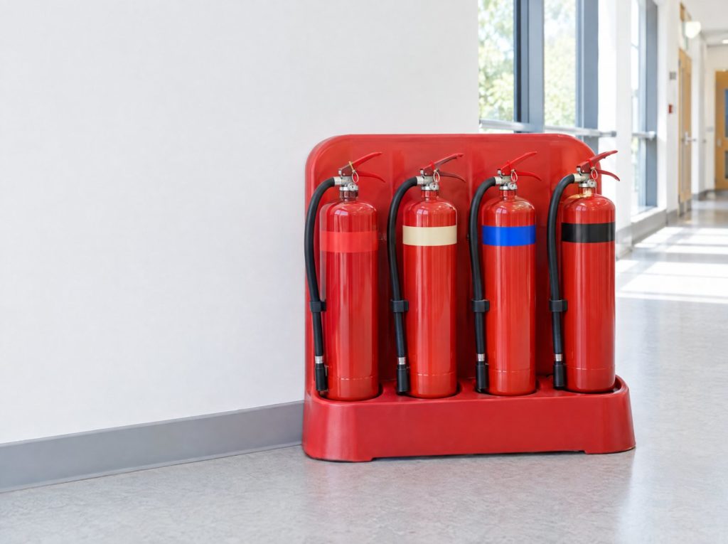 Four red fire extinguishers with red, cream, blue and black colour bands on a fire point