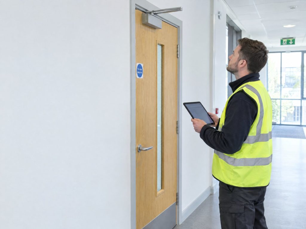 Fire risk assessor with a tablet inspecting a fire door with an overhead closer