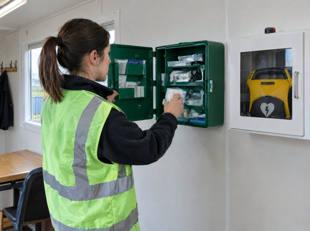 First aider checking a wall-mounted first aid box beside a defibrillator in a welfare cabin