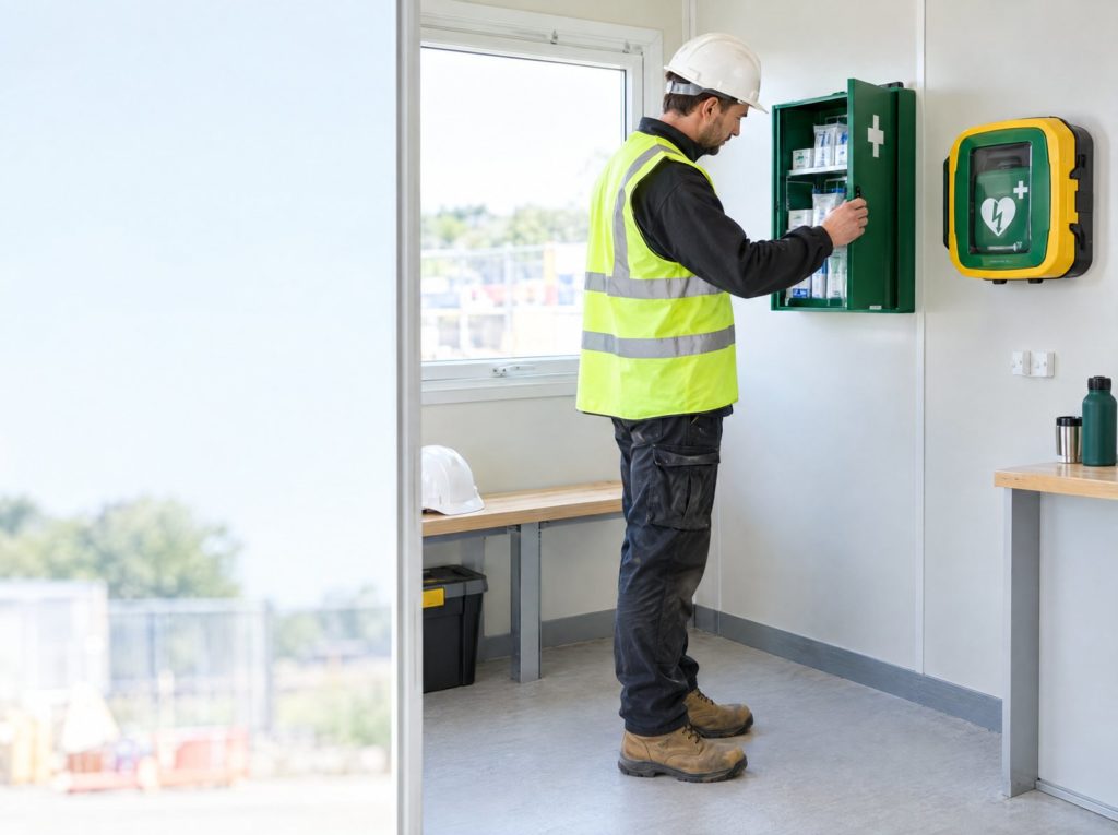 First aider checking a wall-mounted first aid box beside a defibrillator in a welfare cabin