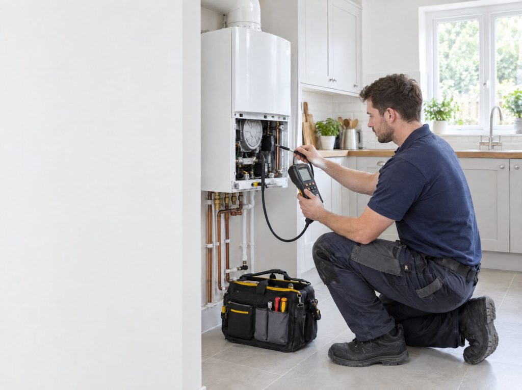 Gas engineer kneeling to test a boiler with a flue gas analyser in a bright kitchen