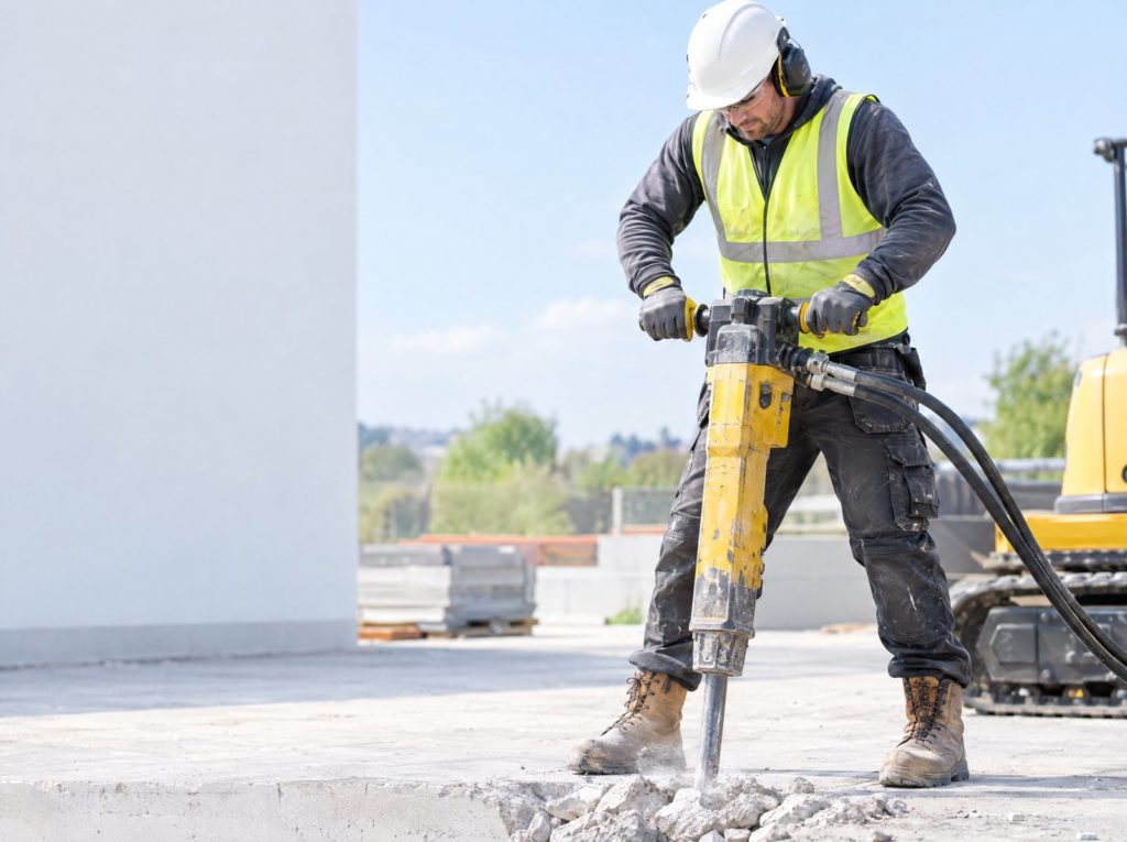 Groundworker in gloves and ear defenders using a hydraulic breaker on a concrete slab