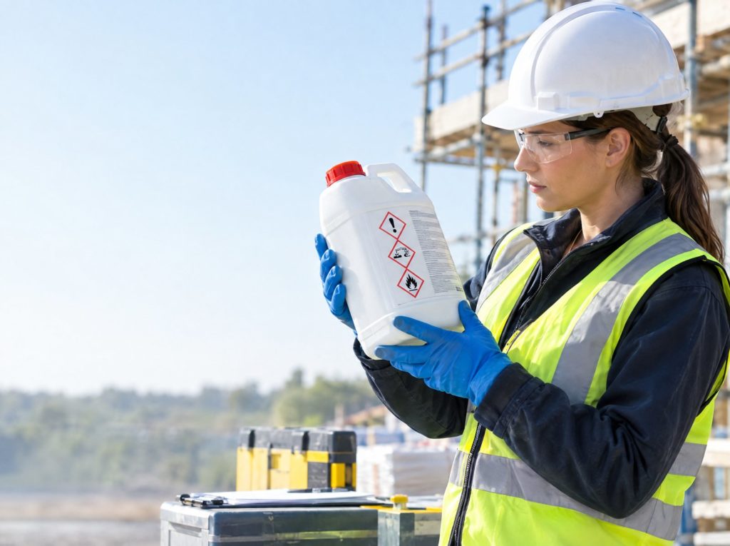 Gloved hand holding a chemical container with red diamond hazard pictograms on the label