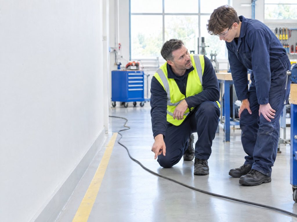 Supervisor pointing out a trailing cable across a walkway to an apprentice