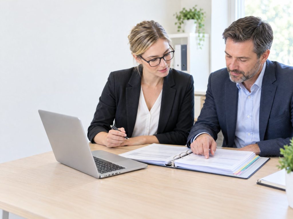 Auditor reviewing a training records folder with a manager at a desk in a bright office