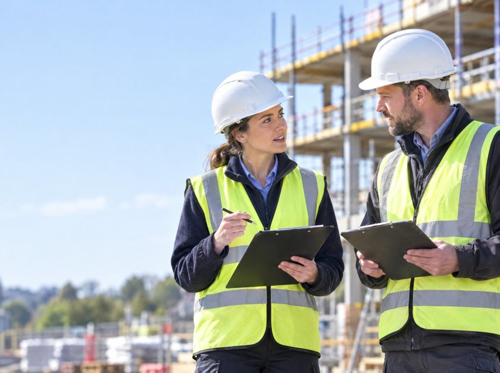 Health and safety advisor in a hard hat and hi-vis talking with a site manager on a bright construction site
