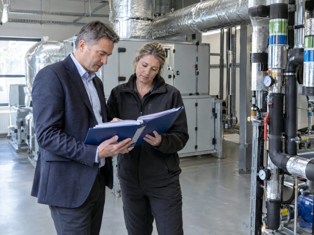 Building owner and facilities manager reviewing a handover file in a plant room