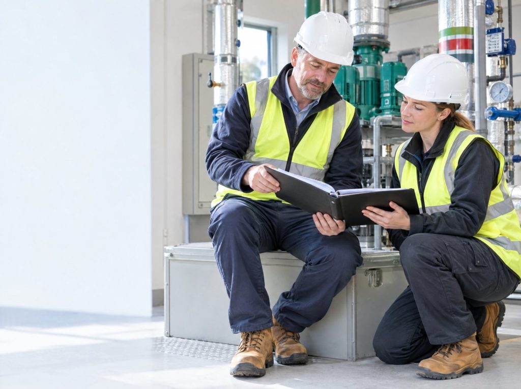 Building owner and facilities manager reviewing a handover file in a plant room