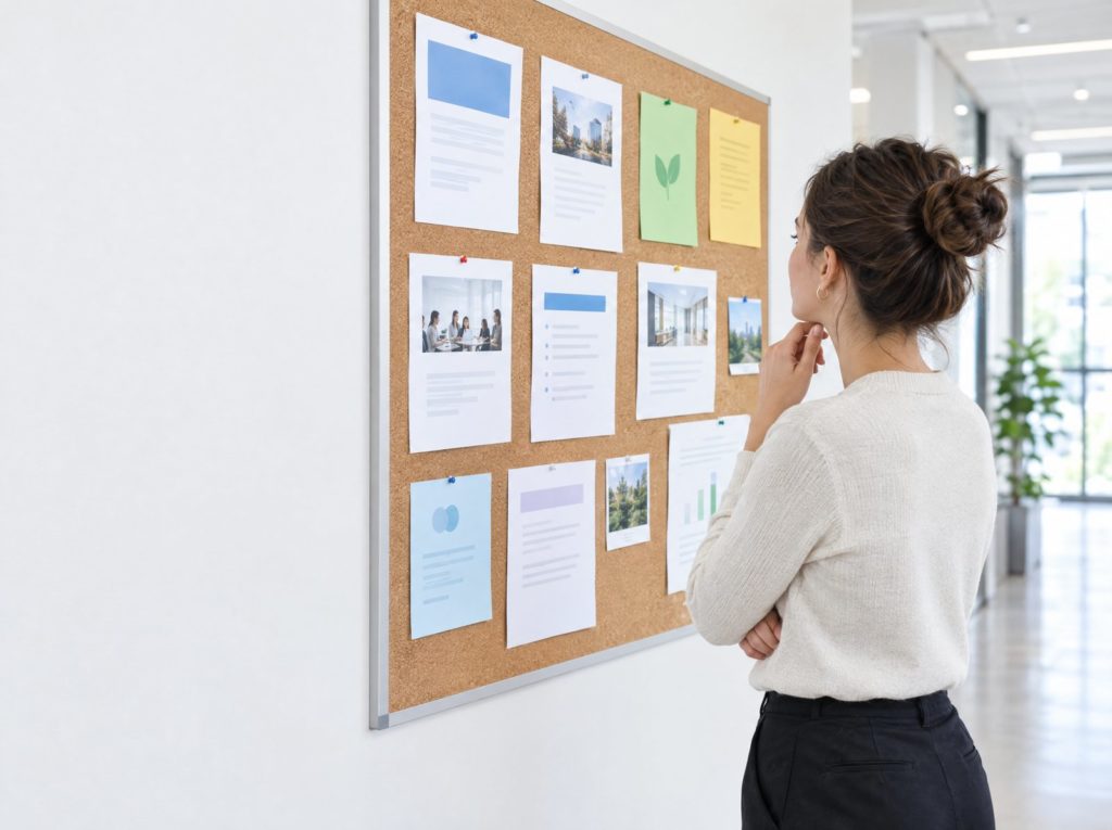 Employee reading notices on a staff noticeboard in a bright workplace corridor