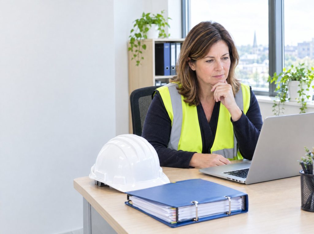 A health and safety manager reviewing an audit report on a laptop at a desk, with a hard hat beside her