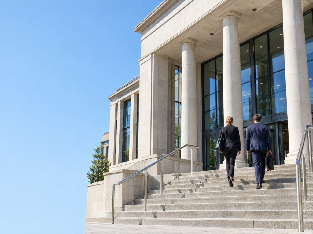 Two people in business suits walking up the steps of a modern court building on a sunny day