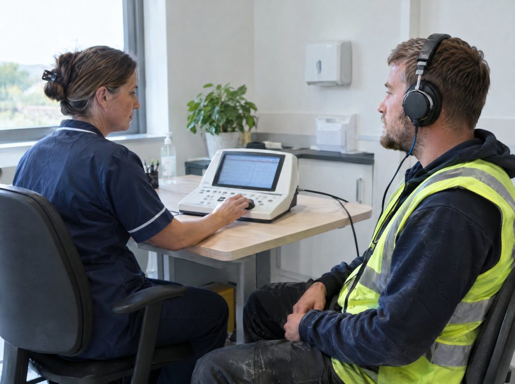 Occupational health nurse carrying out a hearing test on a construction worker