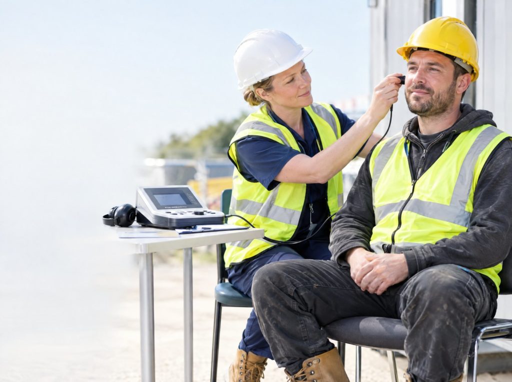 Occupational health nurse carrying out a hearing test on a construction worker
