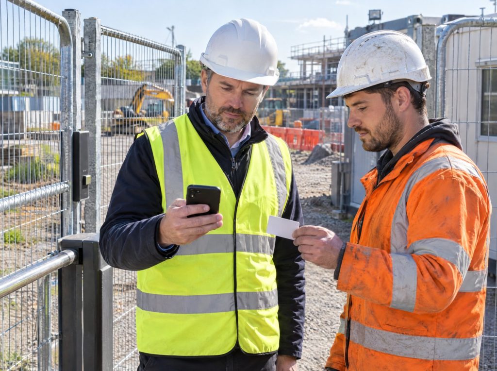 A site manager in hi-vis at a construction site gate checking a worker's site card on a phone in bright morning light