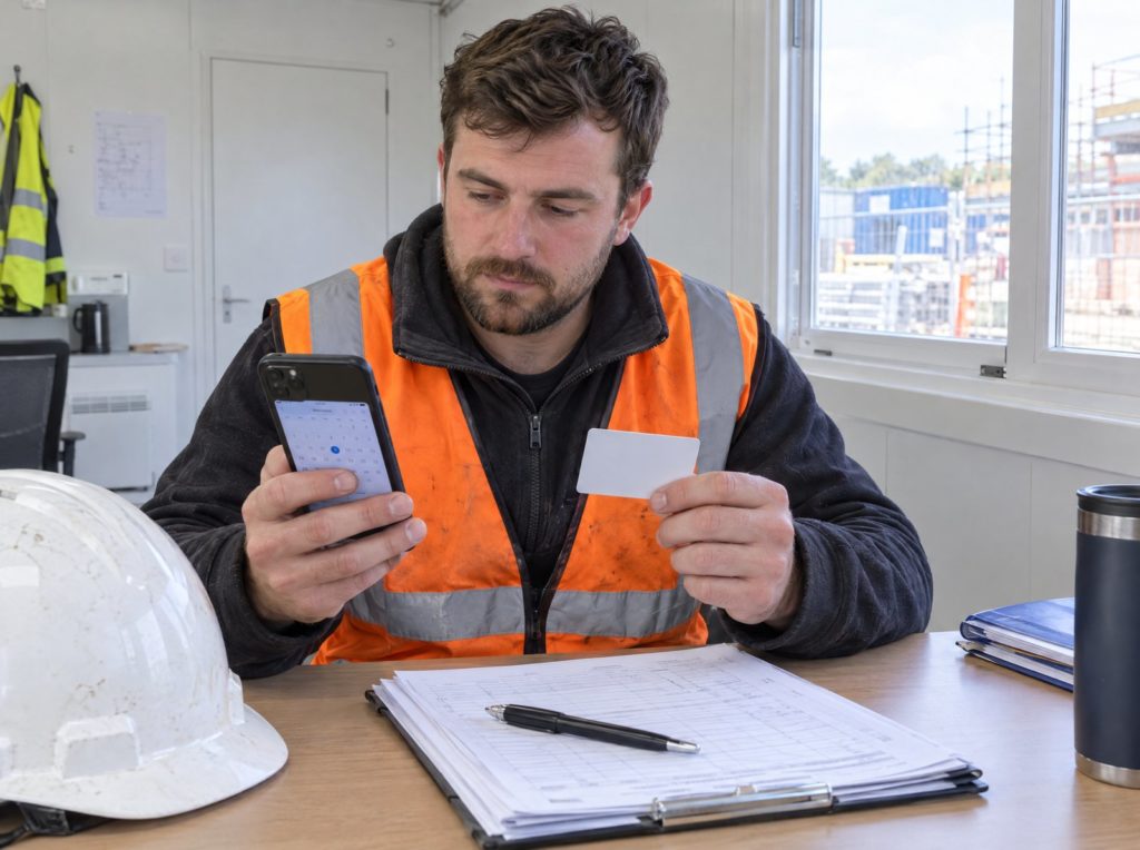 A construction worker in hi-vis in a bright site cabin checking a renewal date on a phone calendar with a site card in the other hand