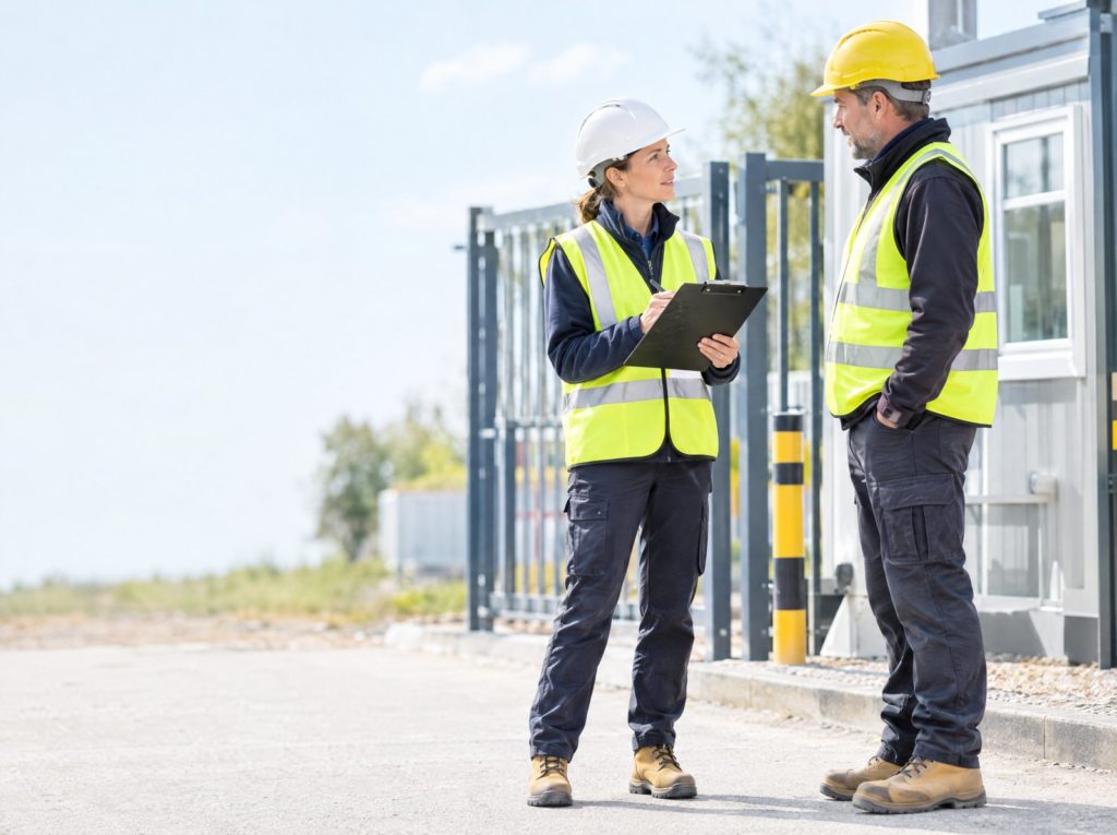 Health and safety inspector with a clipboard talking to a site manager at a site entrance