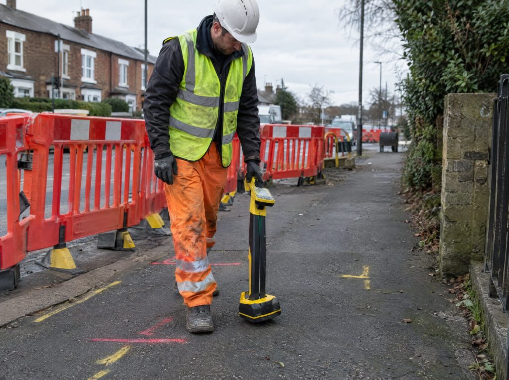 Groundworker sweeping a cable avoidance tool over a footpath marked with spray paint