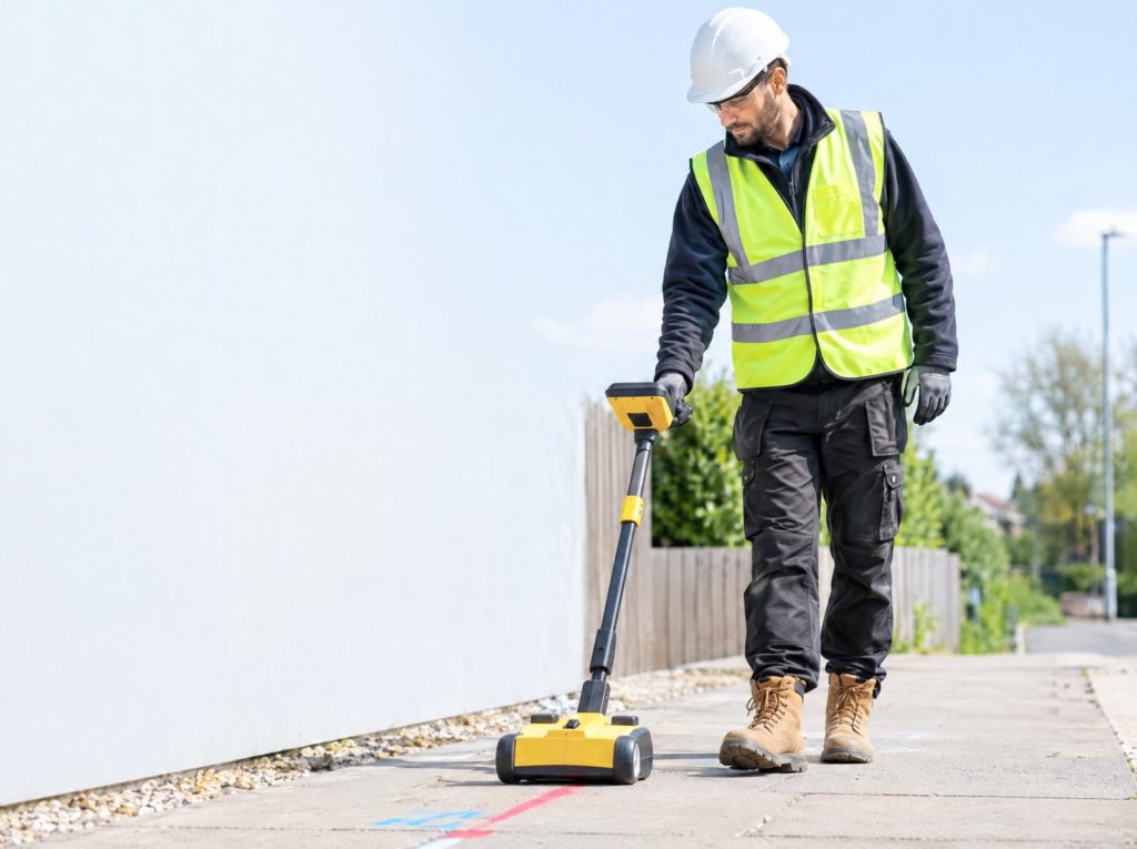Groundworker sweeping a cable avoidance tool over a footpath marked with spray paint