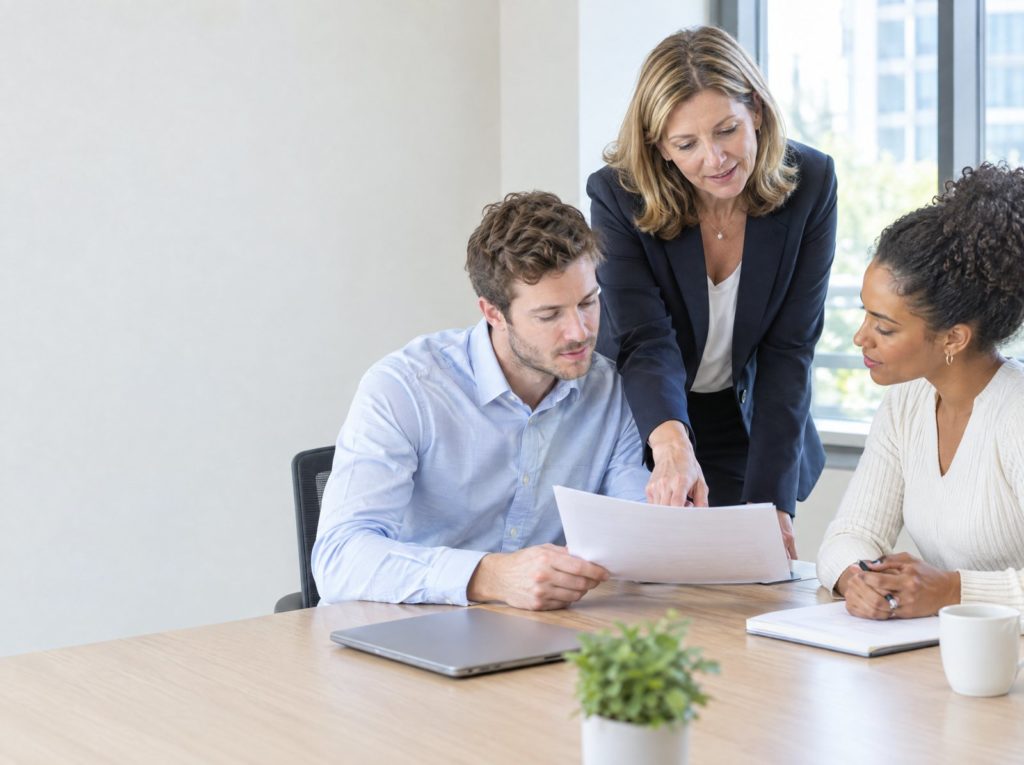 Office manager and two employees reviewing a document together at a meeting table