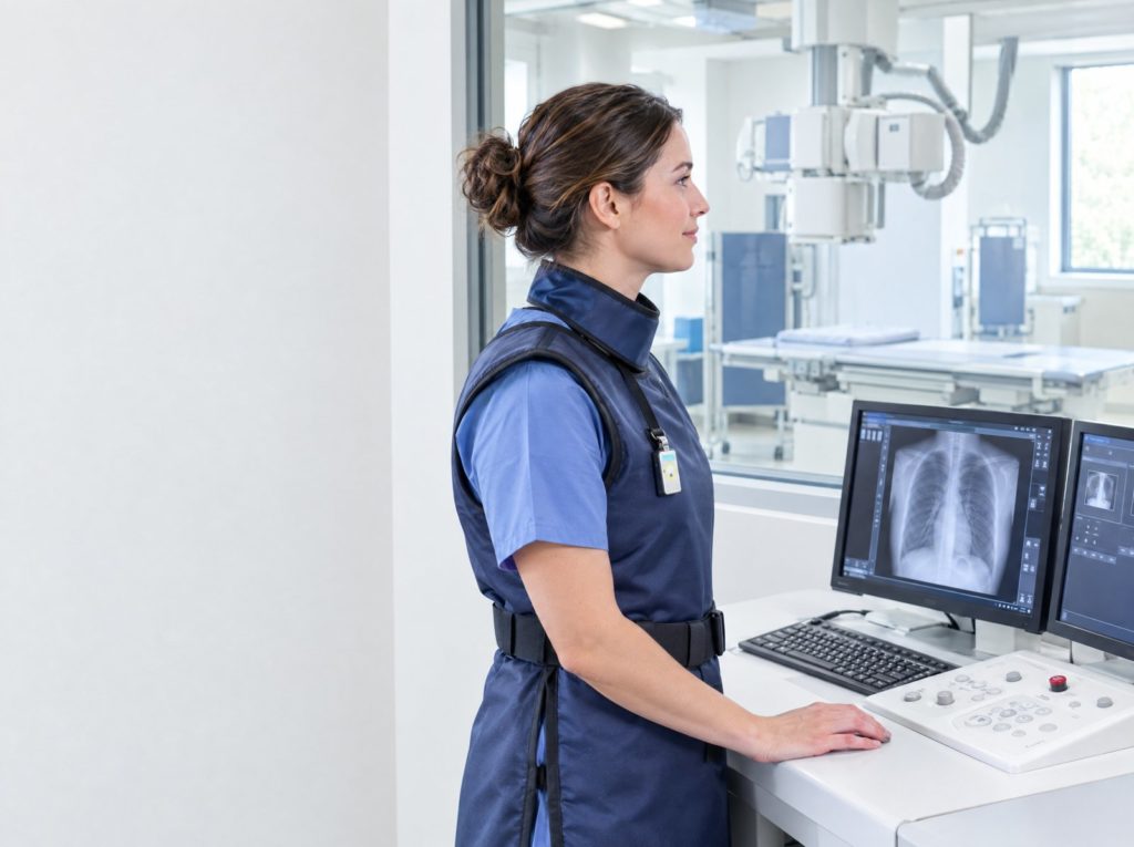 Radiographer wearing a lead apron and dosimeter badge at the control console of an X-ray room