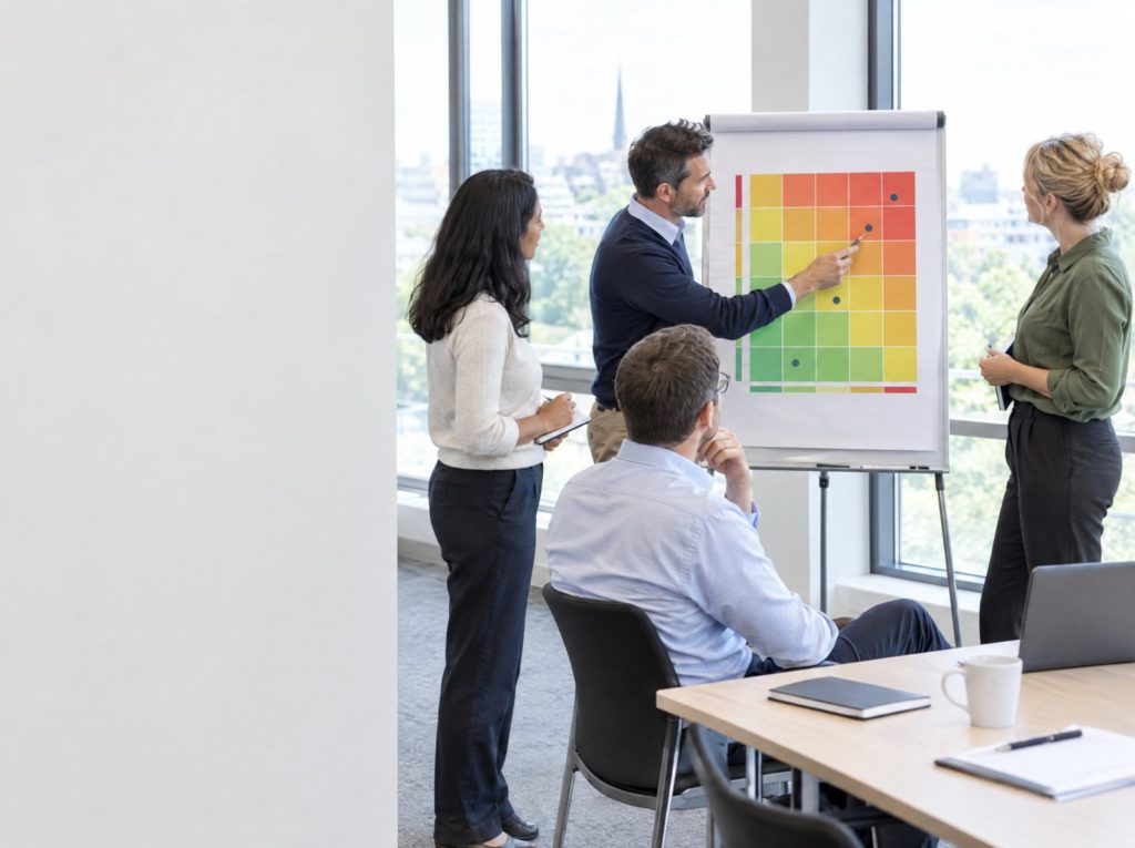 Managers discussing a risk assessment on a flip chart during an IOSH course