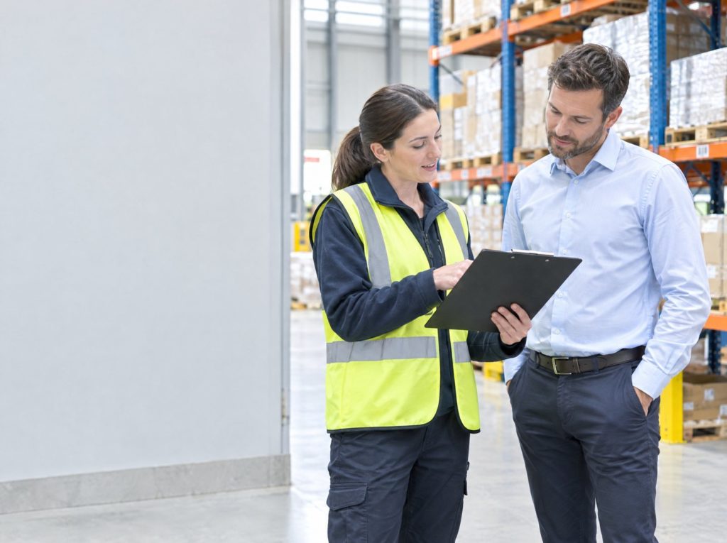 A supervisor in hi-vis and a manager reviewing a risk assessment on a clipboard in a bright warehouse aisle