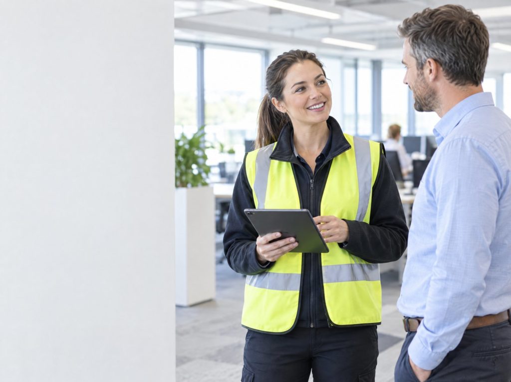 Health and safety professional in a hi-vis vest with a tablet talking to a colleague in a bright office
