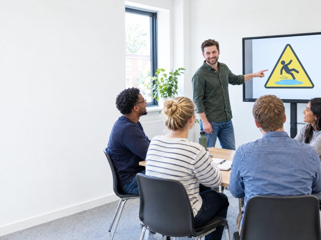 A small group of staff in a bright training room while one points to a hazard on a slide