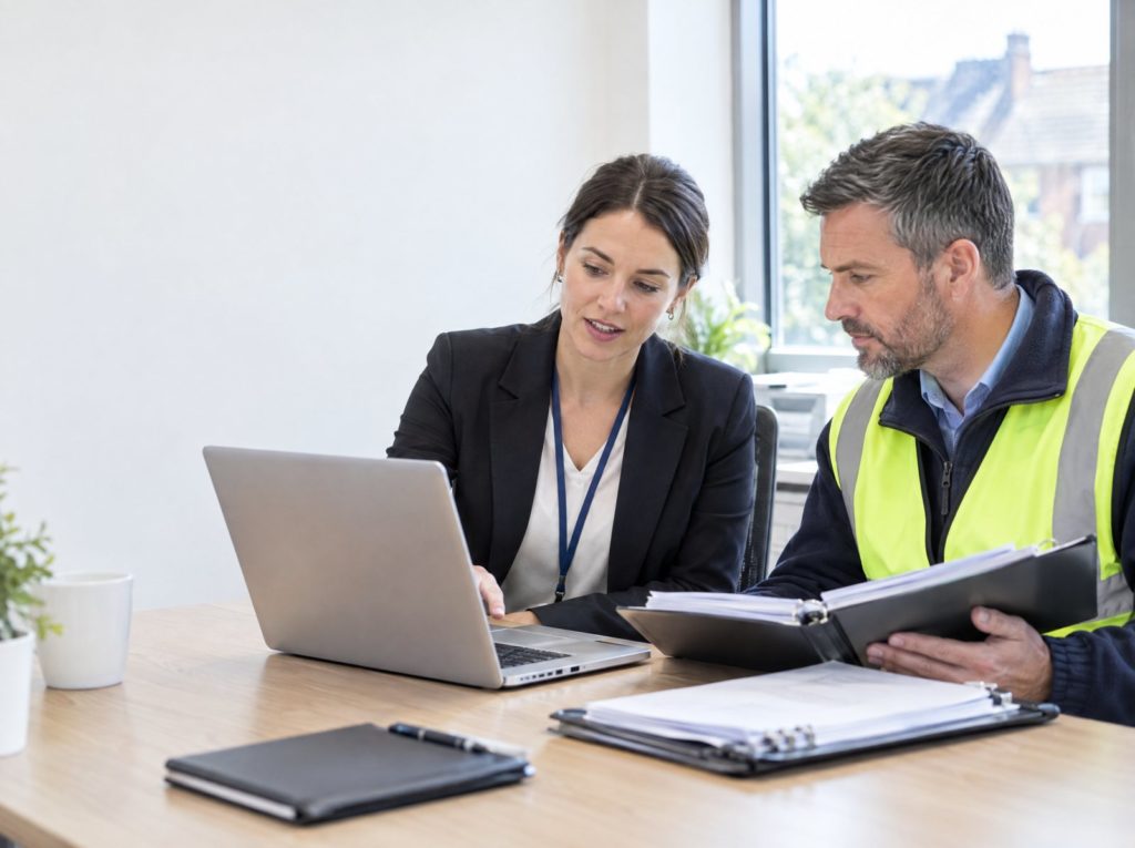 Auditor with a laptop and a health and safety manager reviewing records at a desk