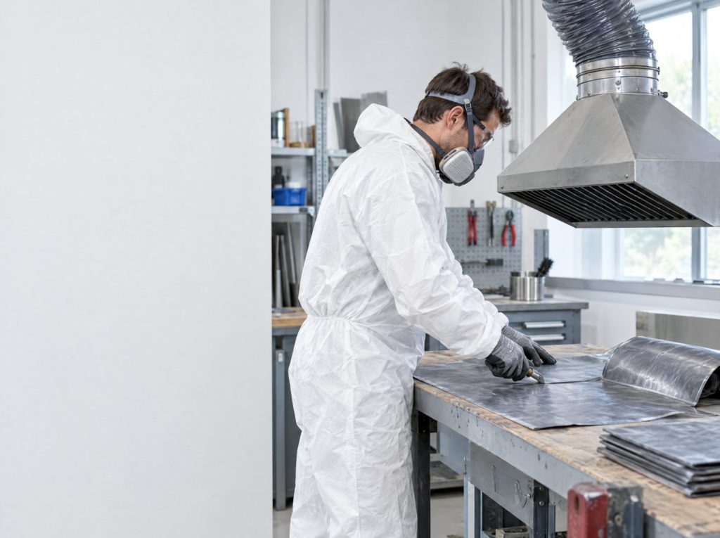 Worker in a disposable coverall, gloves and respirator working on lead sheet under an extraction hood